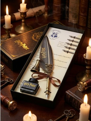 Plastora Home Harry Potter Baskılı Özel Tasarım Divit Hokka Seti Tüylü Divit Kalem Mürekkep Hediyelik Set