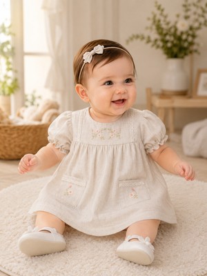 Mymio Kız Bebek Nakışlı Keten Elbise