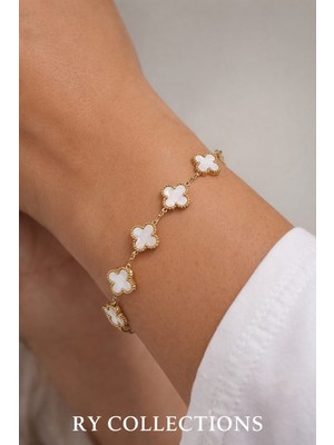 Ry Collections Stainless Steel Gold Renkli Dört Yapraklı Taşlı Yonca Çelik Bileklik
