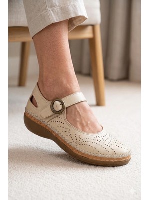 Shoemix Bio Mary Kadın Hakiki Deri Bej Lazer Kesim Comfort Ayakkabı