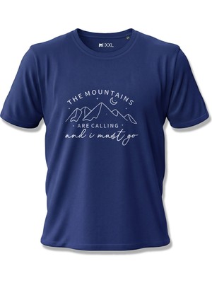 North Whiskers Dağ Temalı Özel Baskılı Lacivert %100 Pamuk Outdoor Tişört - "the Mountains Are Calling"