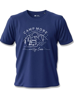 North Whiskers "camp More Worry Less" Karavan Baskılı %100 Pamuklu Lacivert Kamp Tişörtü