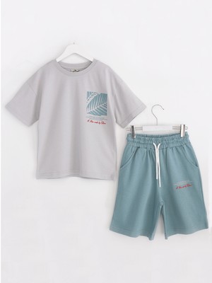 DobaKids Palm Vibes Series Erkek Çocuk Oversize Kapri Tişört Yazlık Kısa Kollu Takım Gri - Mint Yeşili