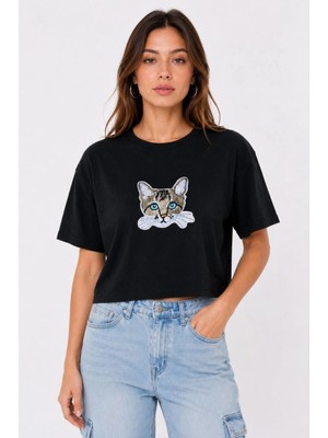 Asmedo Kadın Kedi Baskılı Oversize Crop Tişört Salaş Basic Yarım Kol T-Shirt - Siyah