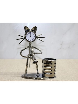 Hace Bazaar Metal Saksafon Çalan Kedi Müzisyen Saat ve Kalemlik ALK4346