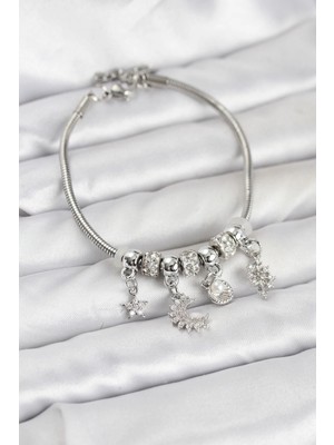 Hace Bazaar Mey Ithalat® Pirinç Gümüş Renk Ay Charm Model Charmlı Kadın Bileklik