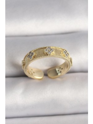 Hace Bazaar Mey Ithalat® Pirinç Gold Renk Zirkon Taşlı Yonca Işlemeli Ayarlanabilir Yüzük