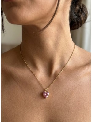Gmn Collection Yeni Sezon Yeni Seri Kararmaz Çelik Üzeri Pembe Zirkon Taşlı Kalpli Kolye