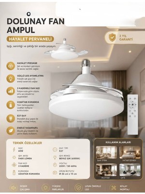 Azurtech Dolunay Fan Gizli Açılır Hayalet Pervaneli  Ledli E-27 Duy A Takılabilen 3 Kanatlı Kumandalı Tavan Vantilatörü