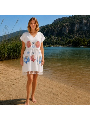Pırlanta Çeyiz Pırlanta Textile Plaj Elbisesi Bambu Peştemal Tropikal Mercan Desen Beyaz Renk