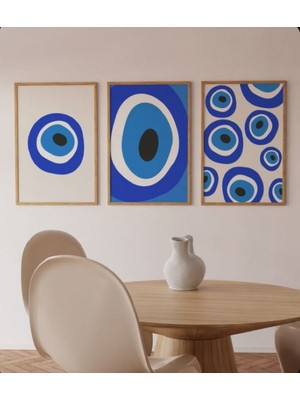 Nt Handmade Çerçeveli Uv Baskı 3'lü Nazar Boncuğu Desenli Tablo Seti – Modern & Şık Duvar Dekoru