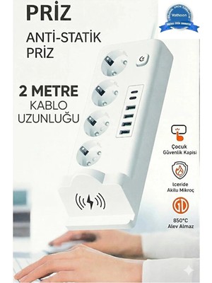 Eco Port Akım Korumalı Priz ve Masaüstü Şarj Istasyonu Kablosuz 4 Priz ,4 Usb, 2 Type-C Girişli 2 Metre