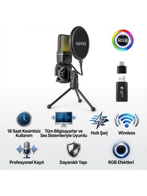 Invicta Profesyonel Rgb Yayın,stüdyo,oyun Kablosuz Kondenser Mikrofon,anc Gürültü Azaltma, 18 Saat Pil, Tripod ve Pop Filtre Dahil