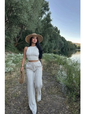 Kadın Sıfır Kol Bluz Bol Paça Pantolon Ters Dikiş Detaylı Takım