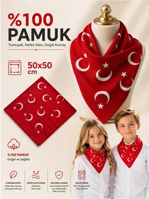 3 Adet Kırmızı Ay Yıldız Türk Bayrağı Temalı Pamuk Kumaş Fular - Bandana 23 Nisan 29 Ekim 19 Mayıs
