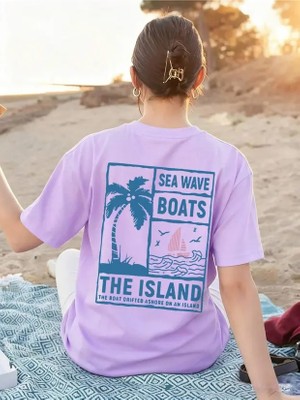 Over Head Kadın Lila Sea Wave Boats Baskılı Oversıze T-Shirt
