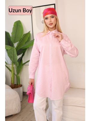 Deq Fashion Kadın Pembe Beyaz Çizgili Oversize Uzun Tunik Gömlek Tesettür Uyumlu Rahat Kalıp Salaş Gömlek