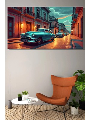Şehzat Duvar Tablosu Panoramik Yatay Kanvas Tekli Salon Ofis Klasik Vintage Araba Renk Havana Sokağı