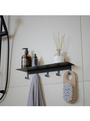 Yapışkanlı Metal Banyo Rafı 5 Kancalı Duvar Rafı Organizer Dekoratif Raf Siyah Paslanmaz Duvar Rafı Havluluk Askılık Banyo Mutfak Çok Amaçlı Raf