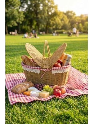 Oval Plastik Piknik Sepeti, Doğal Hasır Görünümlü, Kapaklı, Çok Amaçlı, 40X18X27 Cm, Piknik Plaj Bahçe Için