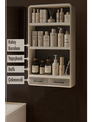 Premium Yapışkanlı Duvar Rafı Organizer, Banyo Mutfak Rafı, 70X40X10 Cm, Çekmeceli, Kancalı, Suya Dayanıklı, Delme Gerektirmez