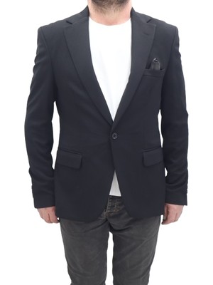 Twenhil Fistan Store Erkek Siyah Düz Klasik Kesim Normal Kalıp Çift Düğme Blazer Ceket