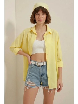 Mex Elena Kadın Oversize Basic Pamuklu Sarı Gömlek
