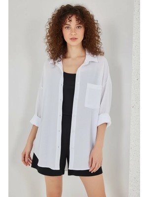 Mex Elena Kadın Tek Cepli Oversize Viskon Beyaz Gömlek
