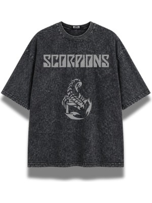Fuddy Moda Unisex Scorpions Baskılı Yıkamalı Tişört, Oversize Rock Band Temalı Vintage Tshirt