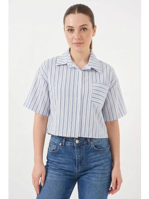 Mex Elena Kadın Crop Çizgili Viskon Mavi Gömlek