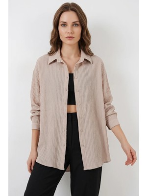 Mex Elena Kadın Oversize Viskon Bej Gömlek