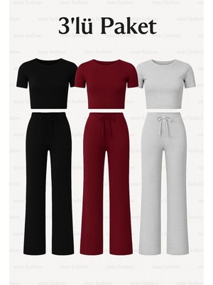 3 Lü Kadın Crop Bol Paça Pantolon Alt Üst Takım