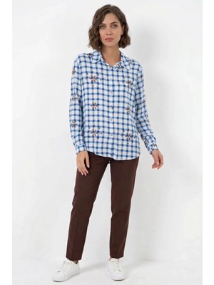 Mex Elena Kadın Oversize Çiçek Desenli Viskon Mavi Gömlek