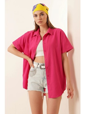 Mex Elena Kadın Kısa Kol Oversize Pamuklu Fuşya Gömlek