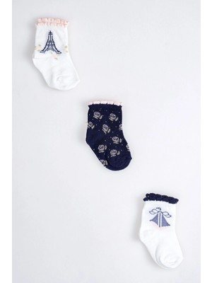 Cocole Socks Kız Çocuk Soket Çorabı 3’lü Set – Pamuklu Paris Temalı & Çiçekli Desenli