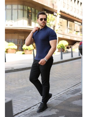 Defy Moda Erkek Örgü Desen Yakalı Kısa Kollu Triko Tişört
