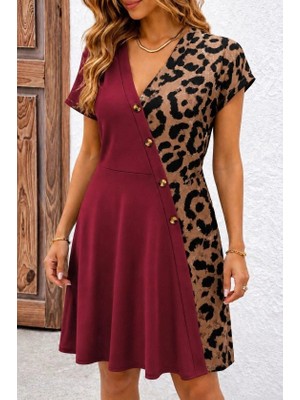 Defy Moda Kadın Kısa Kollu V Yakalı Bir Yanı Leopar Detaylı Kısa Viskon Elbise