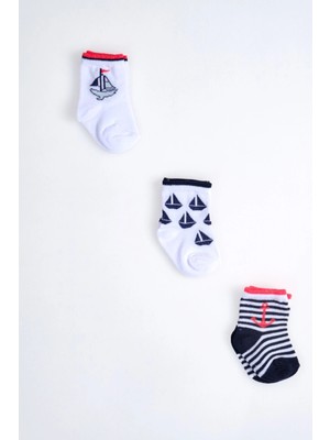 Cocole Socks Erkek Çocuk Soket Çorabı 3’lü Set – Pamuklu Yelkenli & Çapa Desenli