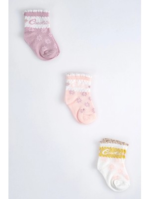 Cocole Socks Kız Çocuk Soket Çorabı 3’lü Set – Pamuklu Özel Logolu Seri & Çiçekli Desenli