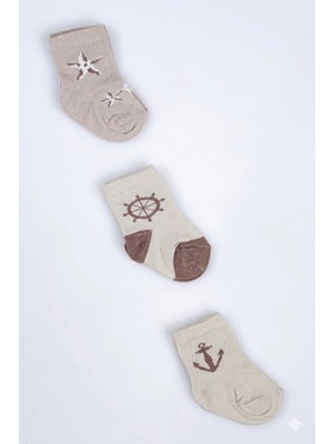 Cocole Socks Erkek Çocuk Soket Çorabı 3’lü Set – Pamuklu Bej Marin & Çapa Desenli