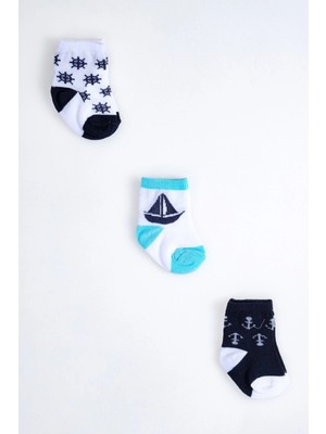 Cocole Socks Erkek Çocuk Soket Çorabı 3’lü Set – Pamuklu Dümen & Yelkenli & Çapa Desenli