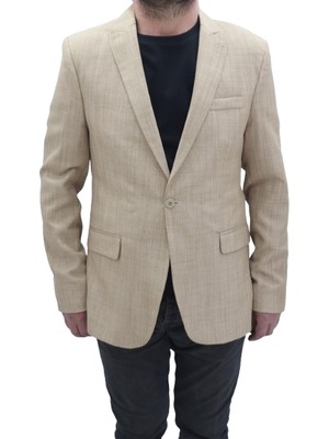 Twenhil Fistan Store Erkek Krem Düz Italyan Kesim Dar Kalıp Tek Düğme Blazer Ceket