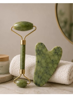 Nevamel® Jade Roller ve Gua Sha Taşı Yüz Bakım Masaj Seti