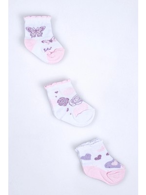 Cocole Socks Kız Bebek Soket Çorabı 3’lü Set – Pamuklu Fırfırlı Bilekli & Kelebek Desenli