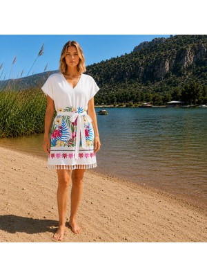 Pırlanta Çeyiz Pırlanta Textile Plaj Elbisesi Bambu Peştemal Flamingo Desen Beyaz Renk