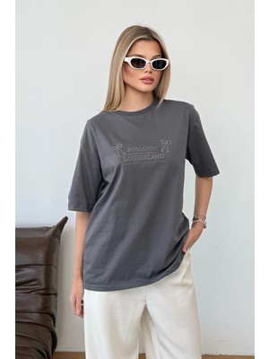 Giysa Kadın Bisiklet Yaka Romantic Nakışlı T-Shirt Antrasit - 925017