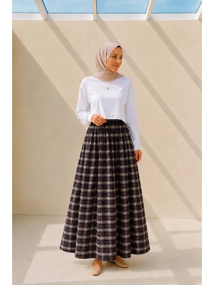 Luxina Kadın Ekose Cepli Beli Lastikli Poplin Uzun Etek 90 cm