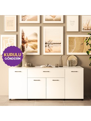 HOMECONOM Liada-L Tekerlekli Ada Konsol 160 cm Parlak Beyaz Mdf Lam