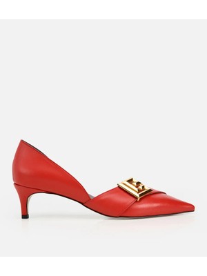 Hotiç Kadın Deri Kırmızı Gold Tokalı Kısa Topuklu Stiletto