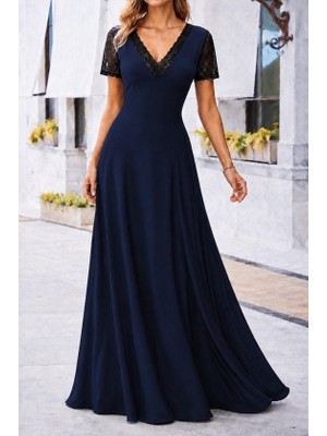 Alyn Wear Kadın Kısa Kollu V Yakalı Uzun Janjan Krep Elbise